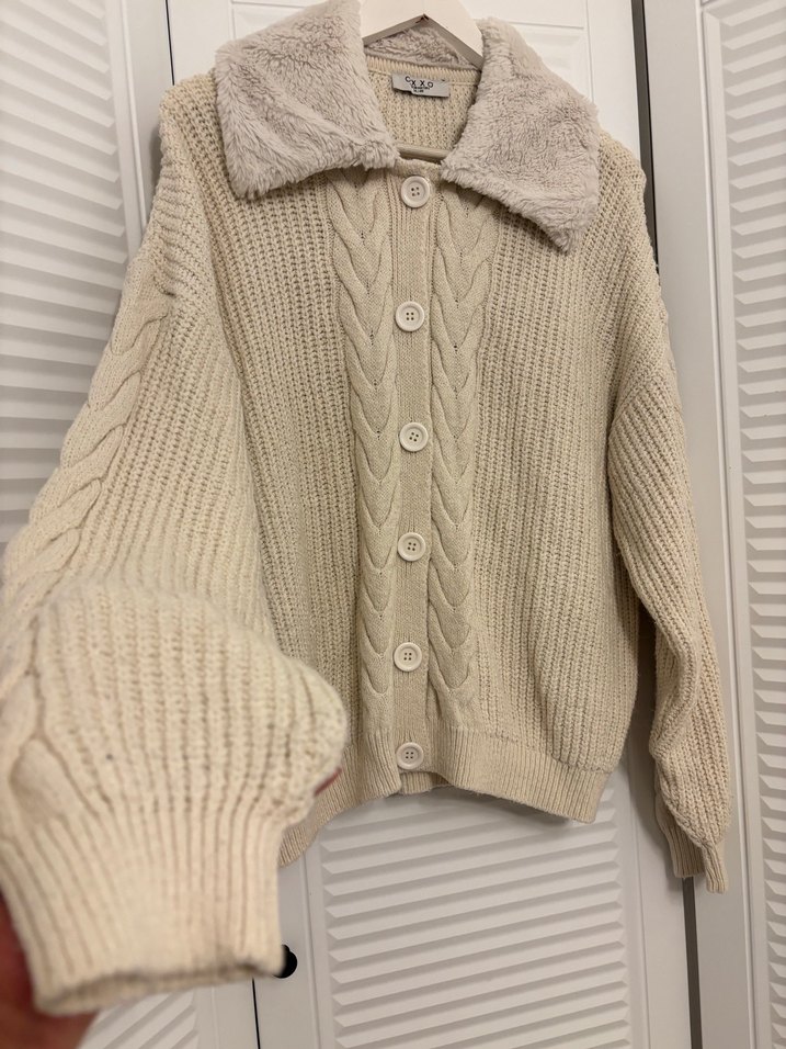 Bej Örgü Kadın Hırka, Uzun Kollu, bol geniş Rahat Kesim - Görsel 4