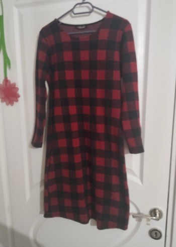 Kırmızı Kareli Uzun Kollu Triko Elbise - Görsel 2