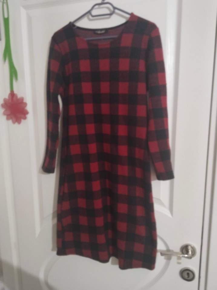 Kırmızı Kareli Uzun Kollu Triko Elbise - Görsel 2