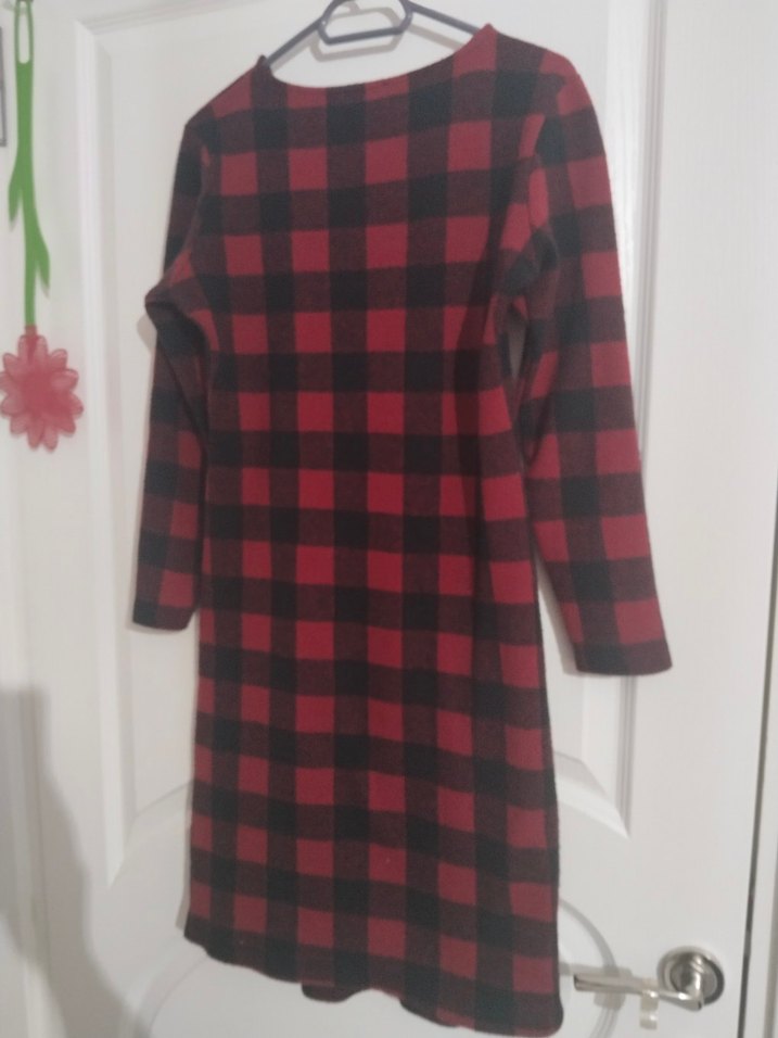 Kırmızı Kareli Uzun Kollu Triko Elbise - Görsel 4