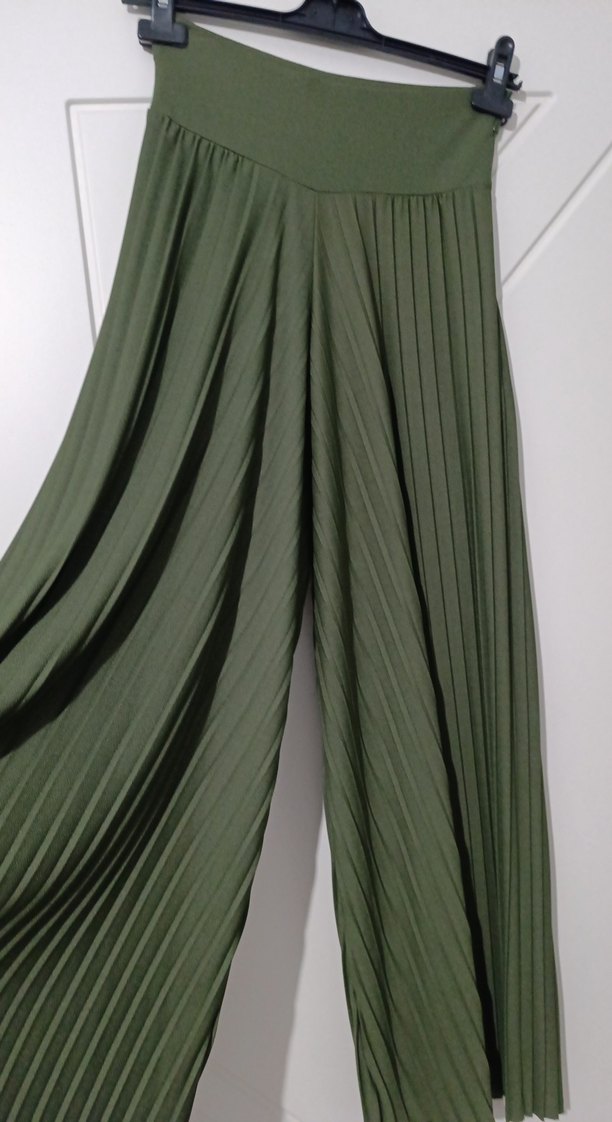 Kadın Haki Pileli Kumaş Pantolon - Görsel 2