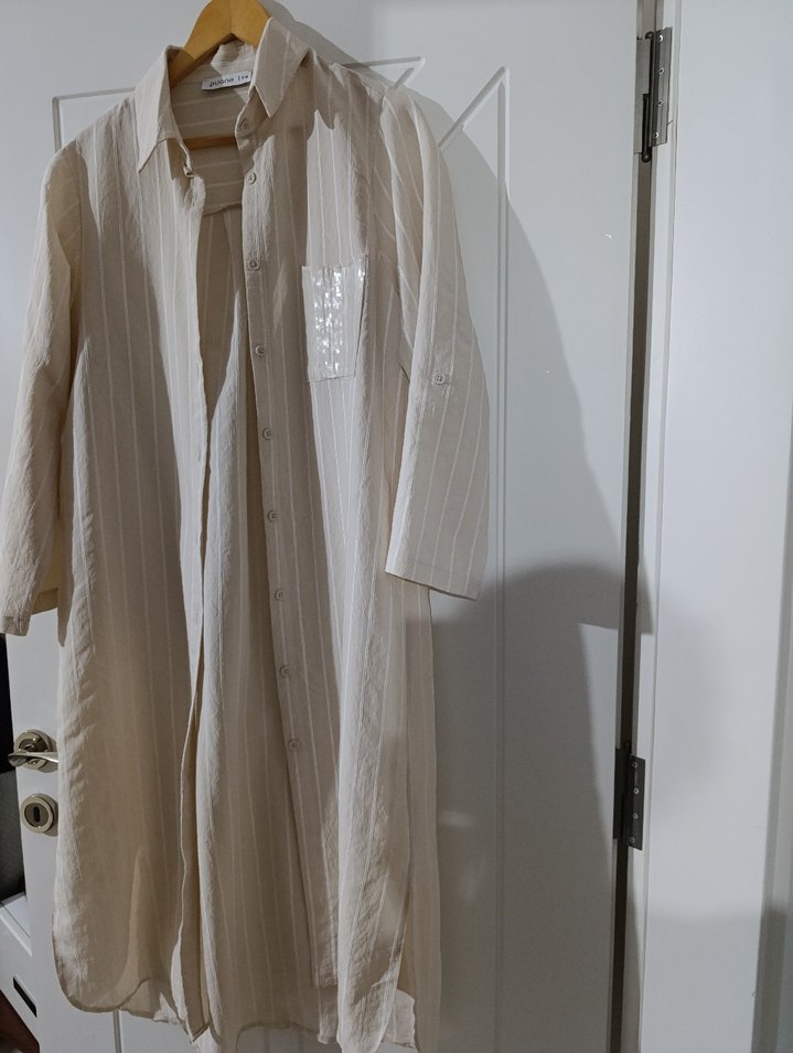 Bej Kadın Keten Uzun Gömlek - Görsel 2