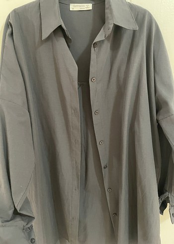 Gri V Yaka Düğmeli Keten Kadın Gömlek - Görsel 3