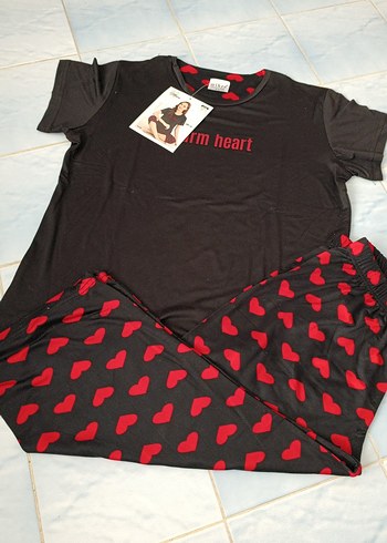 Diger Kadın Siyah Mini Kalp Baskılı Pijama Takımı