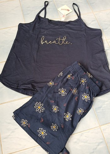 Nakışlı Mavi Mini Kadın Pijama Takımı