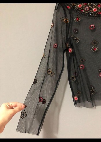 Zara Boncuk İşlemeli Siyah Bohem Bluz - Görsel 5