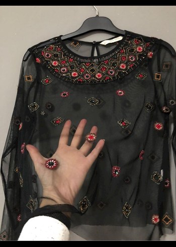 Zara Boncuk İşlemeli Siyah Bohem Bluz - Görsel 2