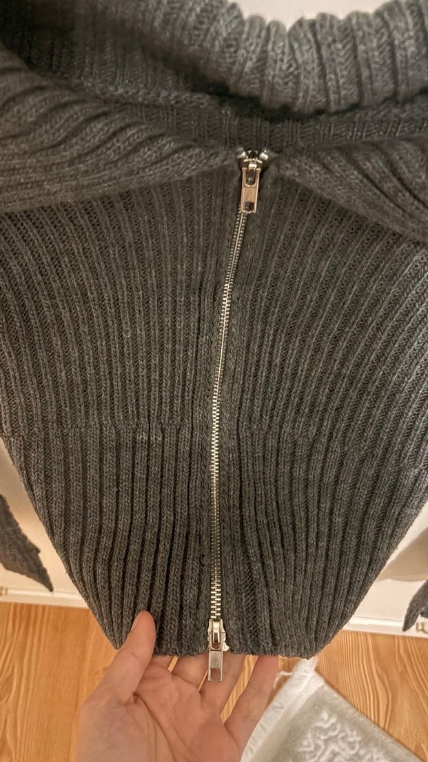 Kadın Gri Fermuarlı Yüksek Yakalı Triko Kazak - Görsel 3