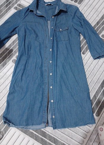 Koton Düğmeli Mavi Denim Midi Kadın Gömlek