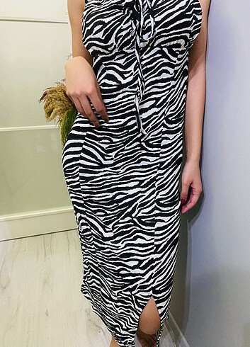 Diğer Zebra Desen Önü Büzgülü Elbise 