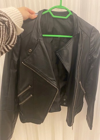 Kadın Siyah Deri Biker Ceket - Görsel 4