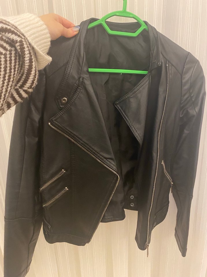 Kadın Siyah Deri Biker Ceket - Görsel 4