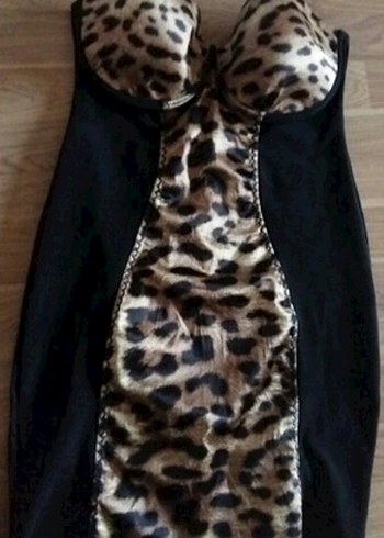 Leopar Desenli Göğüs Destekli Saten Elbise Gecelik - Görsel 3