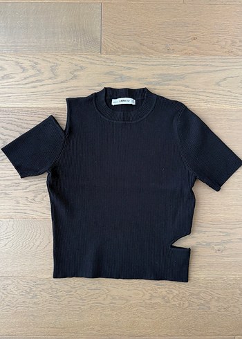 Siyah Kısa Kollu Triko Kadın Tişört - Görsel 2