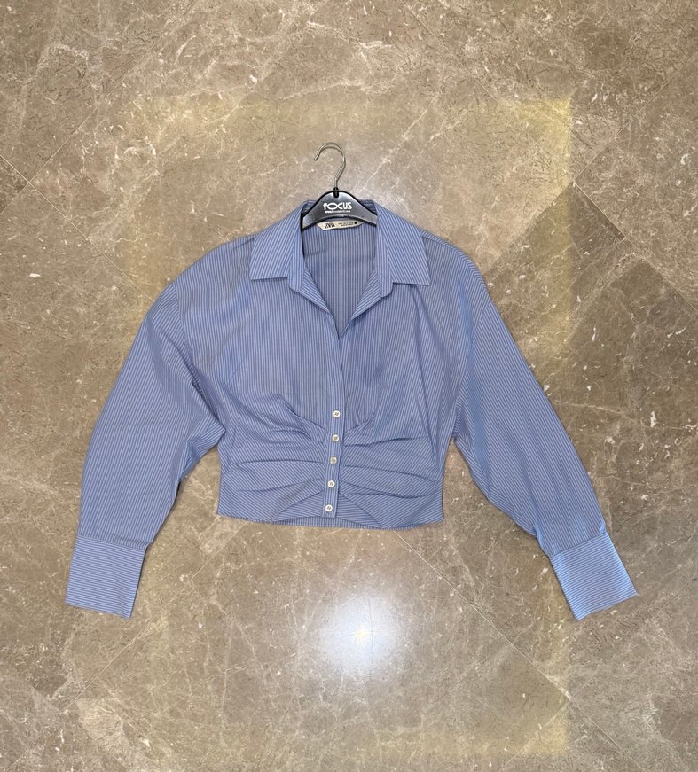 Mavi Beyaz Çizgili Düğmeli Kısa Gömlek - Görsel 2
