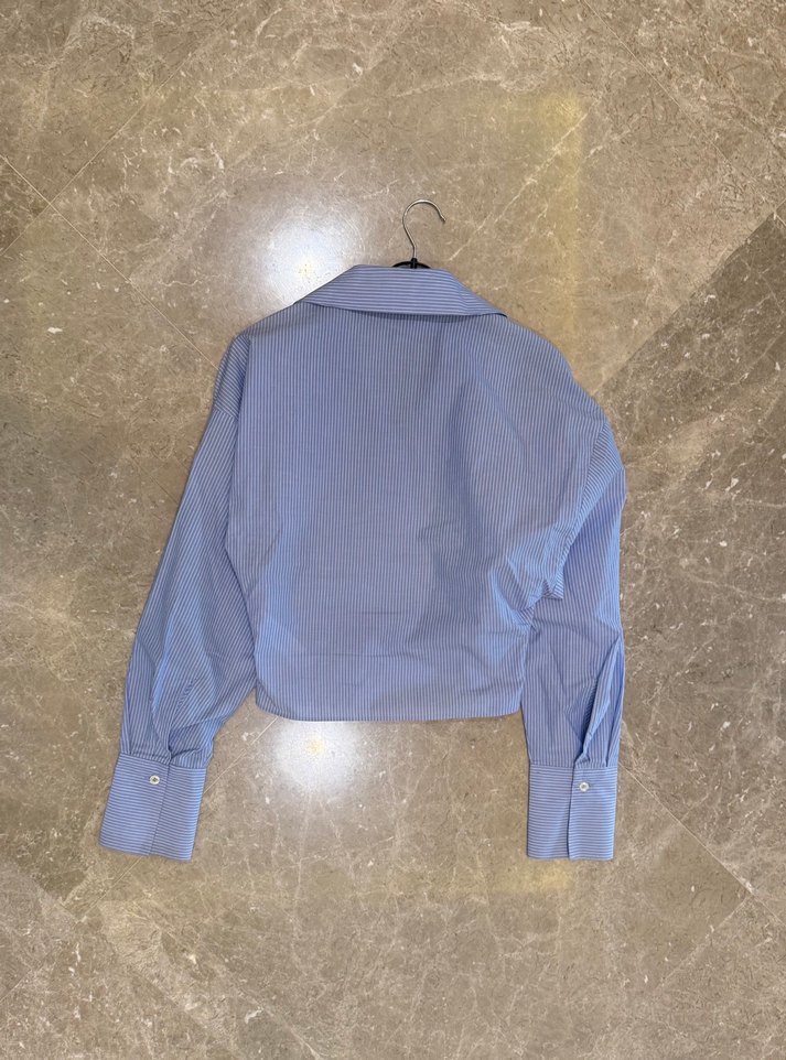 Mavi Beyaz Çizgili Düğmeli Kısa Gömlek - Görsel 5
