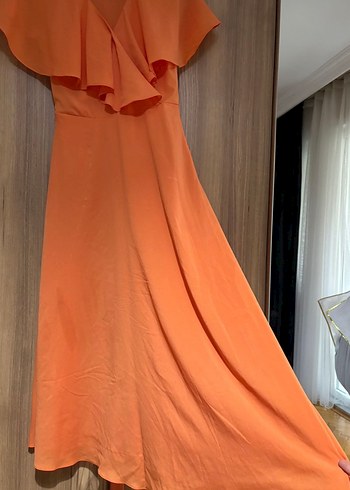 Drapeli V Yaka Uzun Turuncu Elbise - Görsel 2