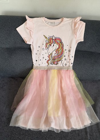 Pembe Unicorn Baskılı Kız Elbisesi