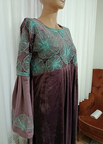 Nakışlı Bohem Uzun Kollu Kahverengi Elbise - Görsel 3