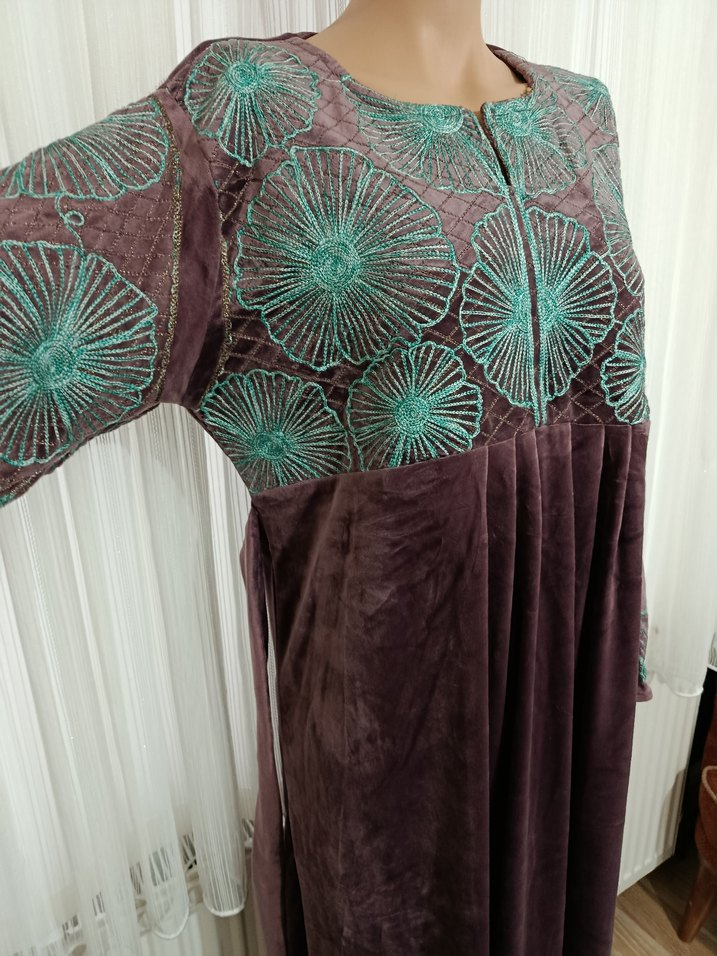 Nakışlı Bohem Uzun Kollu Kahverengi Elbise - Görsel 4