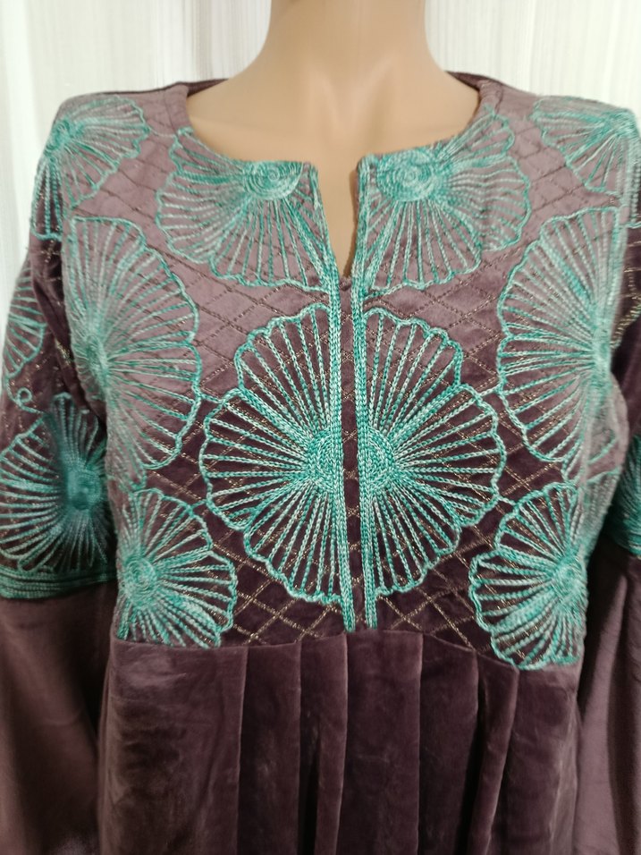 Nakışlı Bohem Uzun Kollu Kahverengi Elbise - Görsel 5