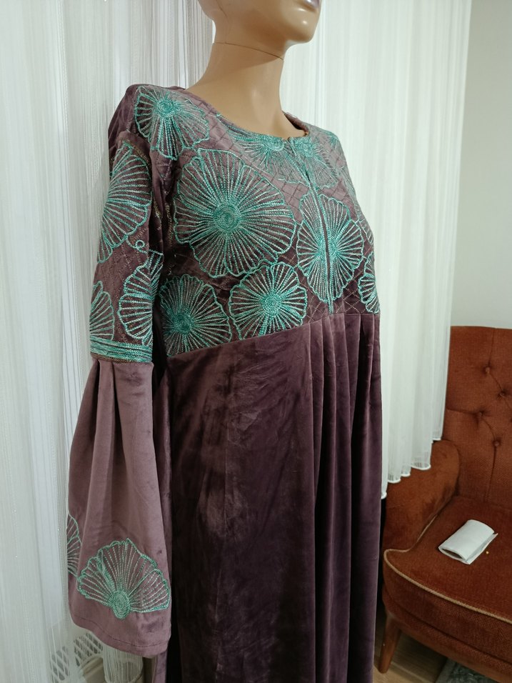 Nakışlı Bohem Uzun Kollu Kahverengi Elbise - Görsel 3