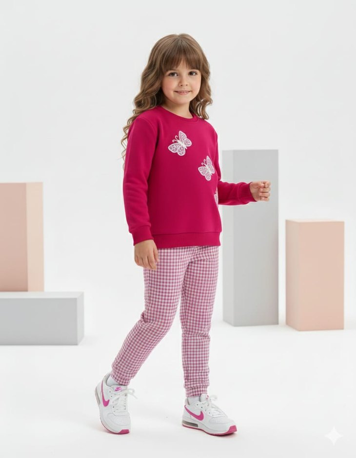 Nakışlı Triko Kız Eşofman Takımı - Pembe - Görsel 5