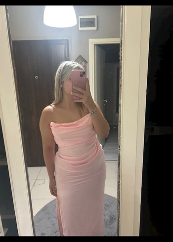 Pudra Pembe Drapeli Uzun Straplez Elbise - Görsel 5