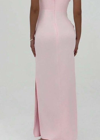 Pudra Pembe Drapeli Uzun Straplez Elbise - Görsel 4