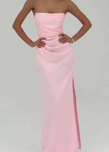 Pudra Pembe Drapeli Uzun Straplez Elbise - Görsel 3