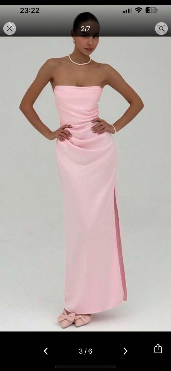 Pudra Pembe Drapeli Uzun Straplez Elbise - Görsel 3