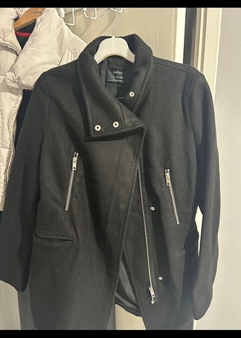 BERSHKA Siyah keten Yüksek Yakalı Kadın Ceket - Görsel 4