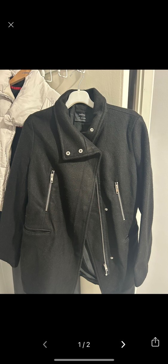 BERSHKA Siyah keten Yüksek Yakalı Kadın Ceket - Görsel 4