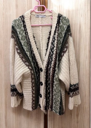 Desenli Bej Örgü Kadın Hırka - Görsel 2