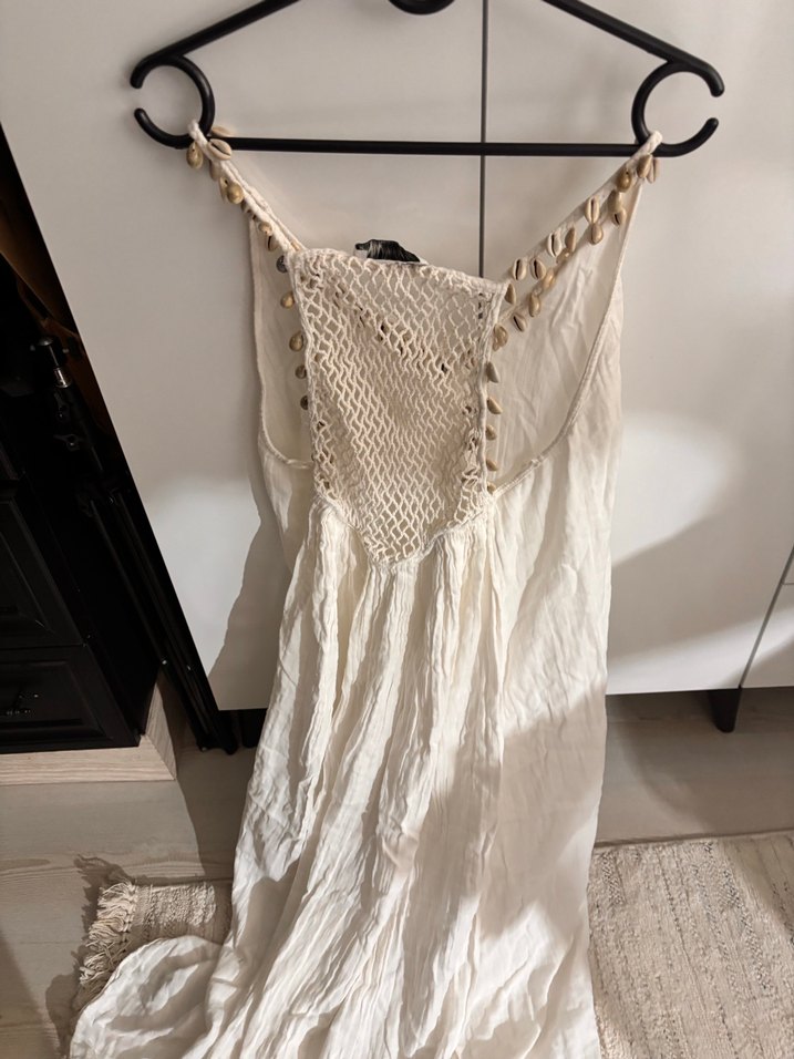 Beyaz Keten Uzun Salaş Bohem Elbise - Görsel 3