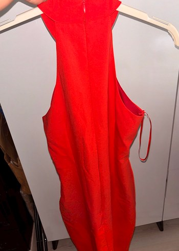 Uzun, Kırmızı, Drapeli, Yüksek Yakalı Kadın Elbise - Görsel 2