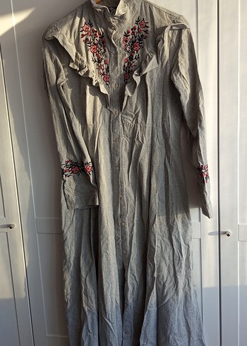 Nakışlı Gri Uzun Keten Kadın Gömlek elbise - Görsel 3