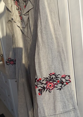 Nakışlı Gri Uzun Keten Kadın Gömlek elbise - Görsel 5