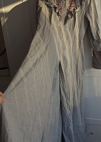 Nakışlı Gri Uzun Keten Kadın Gömlek elbise - Görsel 4