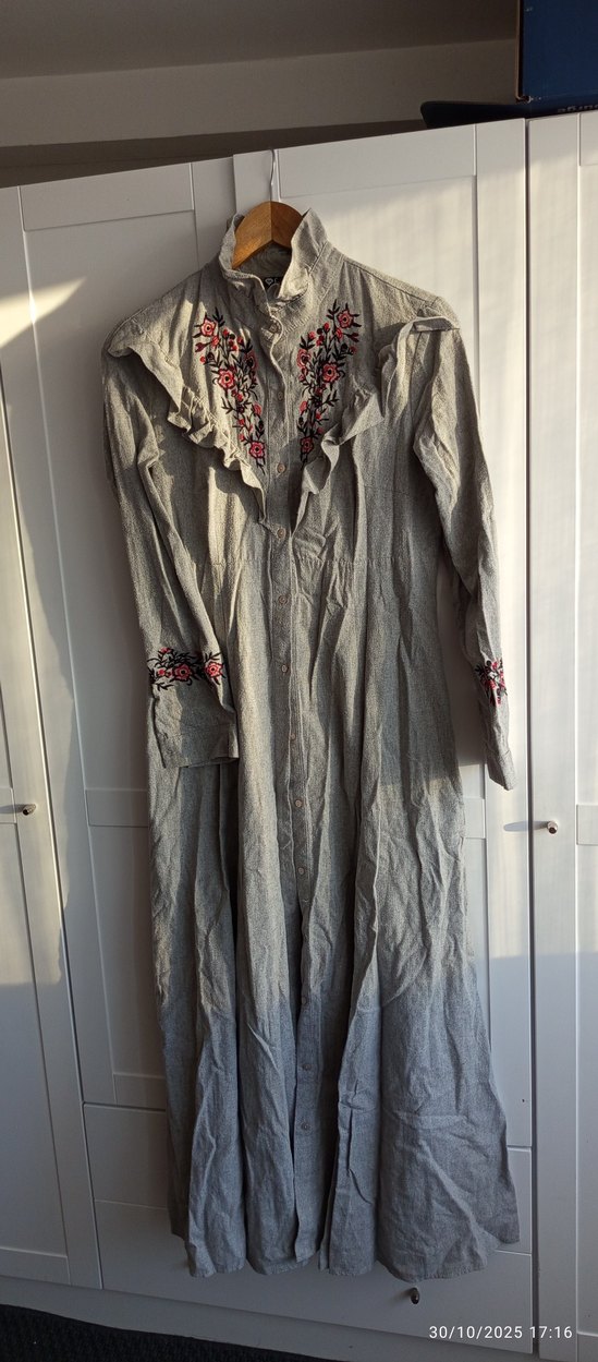 Nakışlı Gri Uzun Keten Kadın Gömlek elbise - Görsel 3