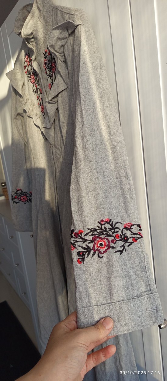 Nakışlı Gri Uzun Keten Kadın Gömlek elbise - Görsel 5