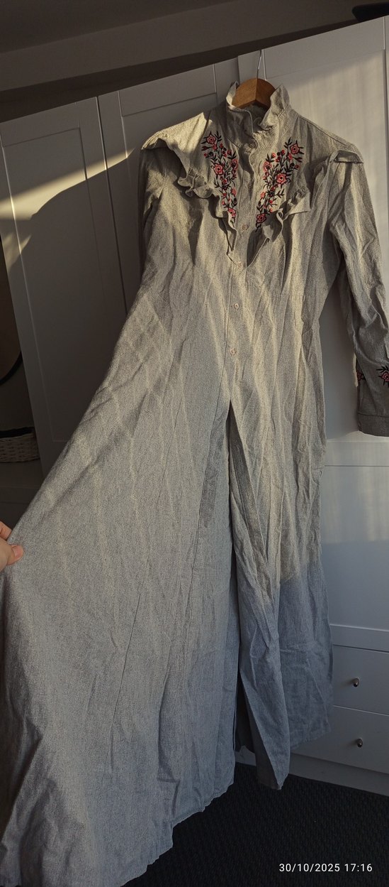 Nakışlı Gri Uzun Keten Kadın Gömlek elbise - Görsel 4