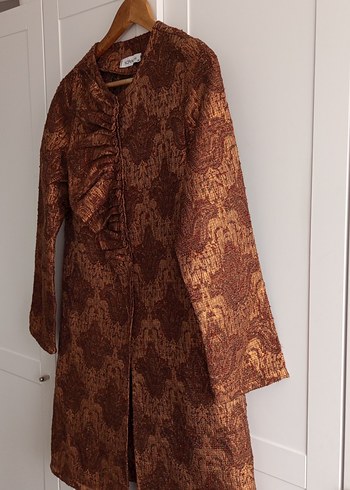 Drapeli Parlak Kahverengi Uzun Kadın Kaban - Görsel 2