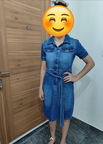 xs Beden Mavi Denim Kemerli Midi Elbise