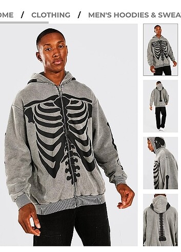 Boohooman Iskelet Desenli Fermuarlı Sweatshirt