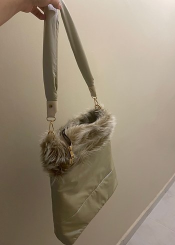 Vintage bej Kürk detaylı kol çantası - Görsel 2