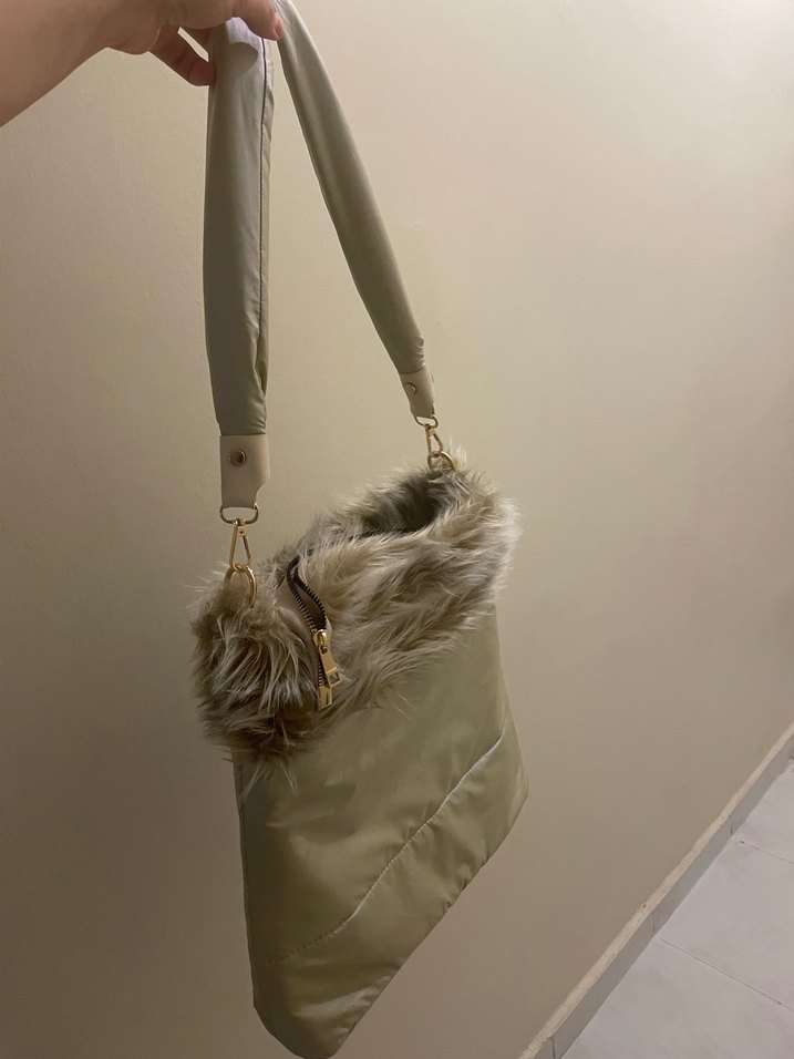 Vintage bej Kürk detaylı kol çantası - Görsel 2