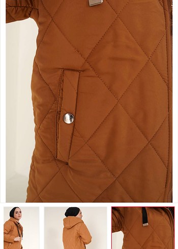 Kahverengi Kapitone Uzun Kadın Ceket - Görsel 3