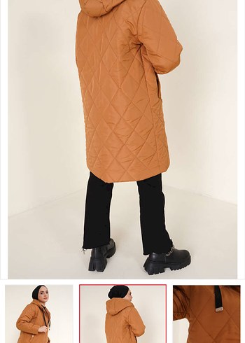 Kahverengi Kapitone Uzun Kadın Ceket - Görsel 2