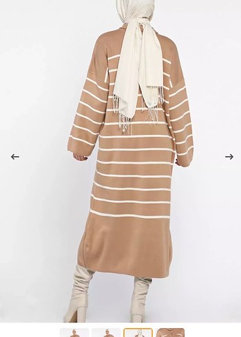 Bej Çizgili Uzun Triko Elbise - Görsel 2